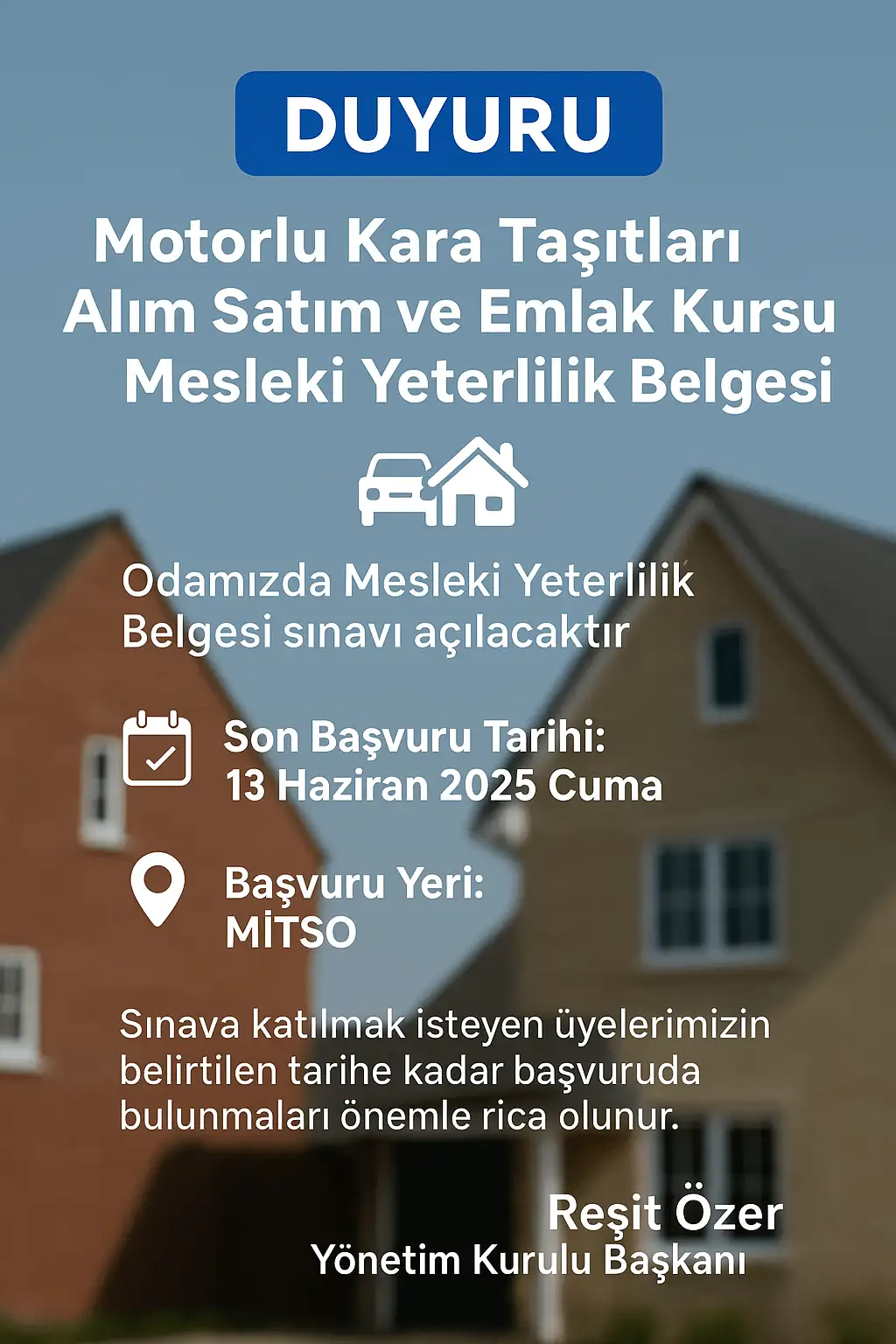 MİTSO’DA MOTORLU KARA TAŞITLARI ALIM SATIM VE EMLAK KURSU MESLEKİ YETERLİLİK BELGESİ SINAVI YAPILACAK